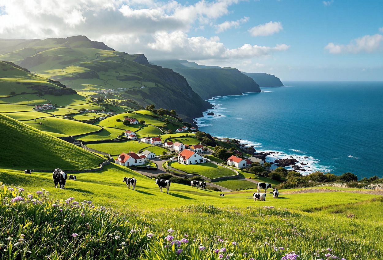 Azorean Landscape: Rolling Hills and Coastal Beauty A scenic photograph capturing the beauty of the Azores, featuring rolling green hills, traditional houses, and the Atlantic coastline.