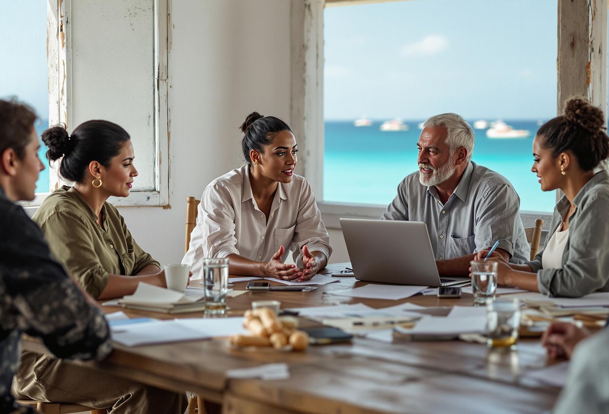 A photograph of a group of local community leaders gathered in a simple community center, discussing coastal conservation strategies. The image captures the collaborative spirit and the empowerment of local communities in decision-making processes.