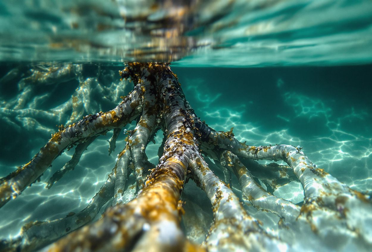 A close-up photograph of mangrove roots submerged in clear water, showcasing their texture and role in the ecosystem.