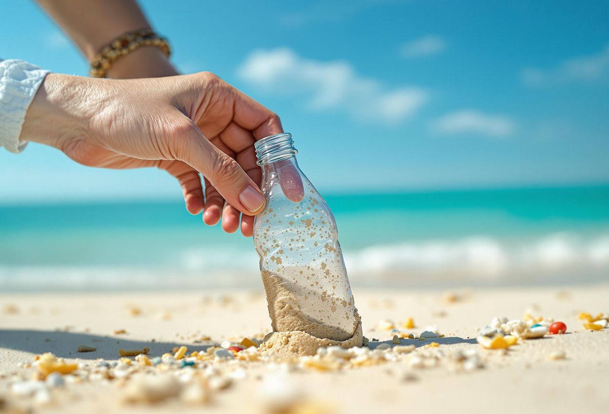 A close-up photograph shows a hand picking up a discarded plastic bottle from a sandy beach, with the ocean in the background.