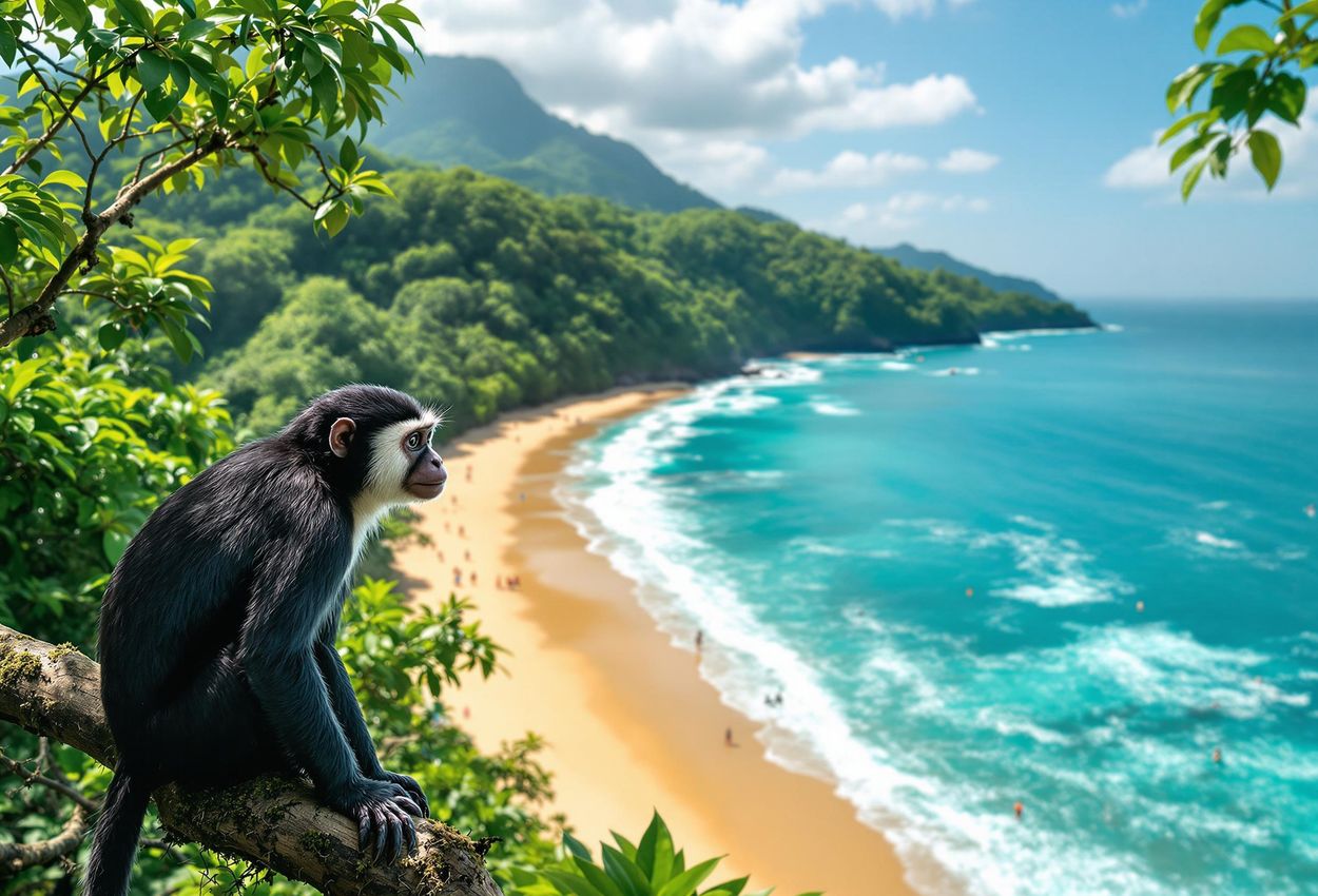 Panoramic View of Manuel Antonio National Park, Costa Rica A stunning photograph capturing the beauty of Manuel Antonio National Park in Costa Rica, showcasing its lush rainforest, pristine beaches, and diverse wildlife.