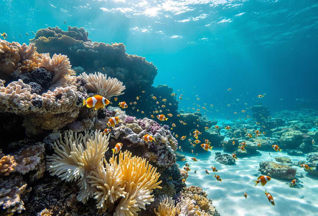 A photograph showcasing the successful coral reef restoration efforts in the Philippines, featuring vibrant coral growth and diverse marine life in crystal clear waters.