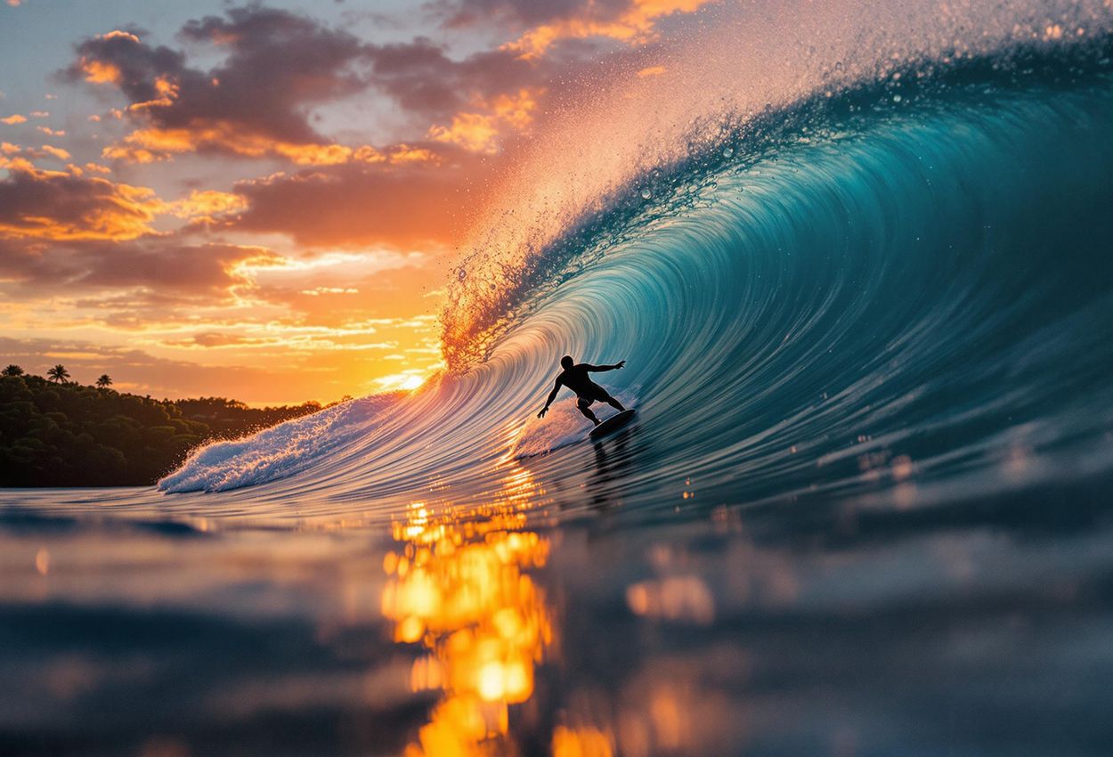 Surfer Riding Wave at Sunset in Dominical, Costa Rica A stunning photograph of a surfer silhouetted against a vibrant sunset while riding a wave in Dominical, Costa Rica. Captures the thrill and beauty of surfing in this tropical paradise.