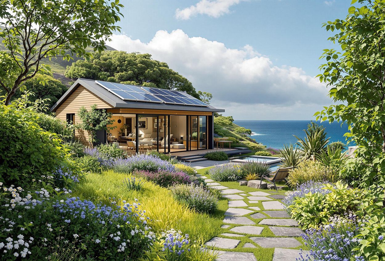 A serene photograph showcasing an eco-friendly accommodation in the Azores, Portugal, emphasizing its sustainable design and integration with the lush natural landscape.