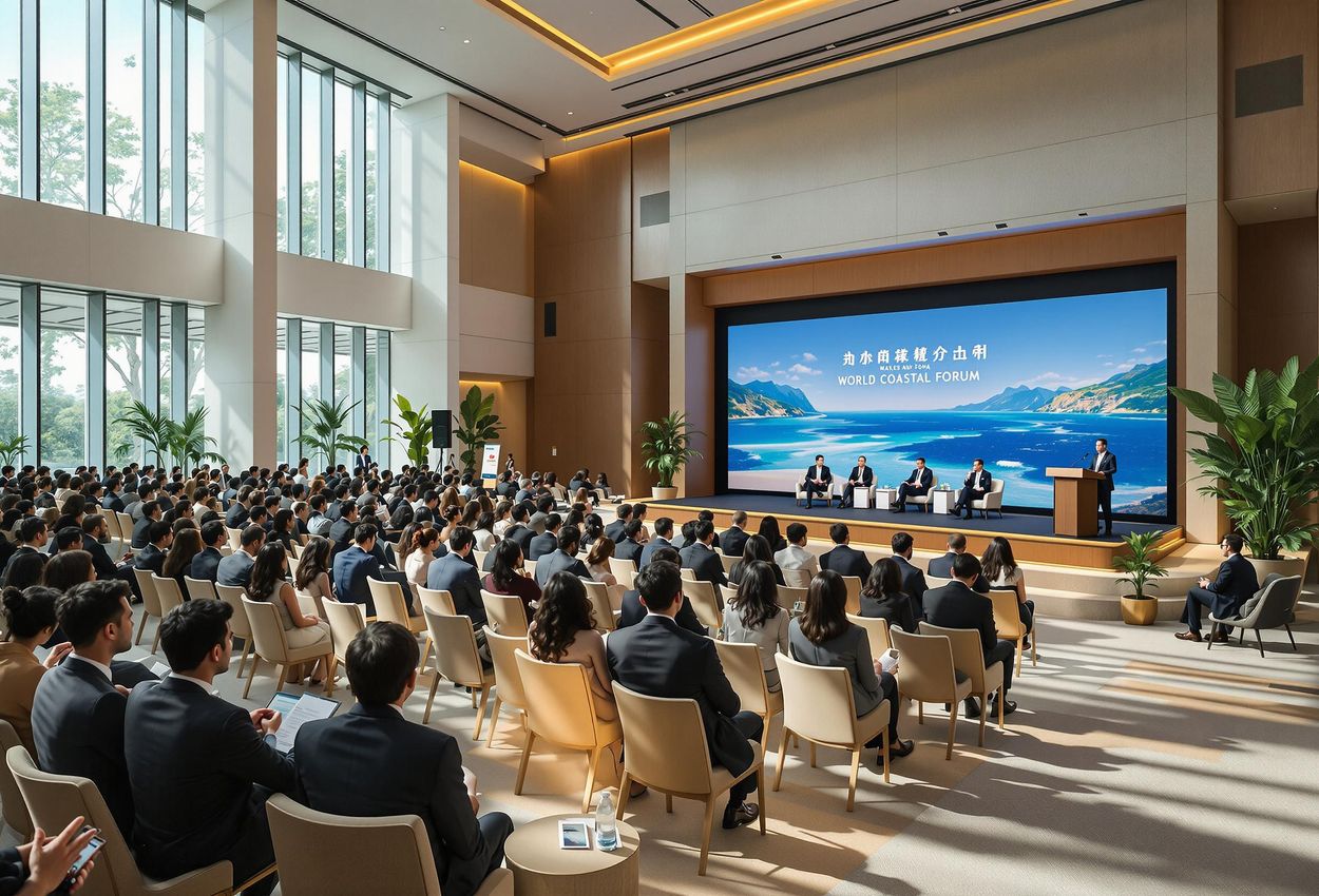 A wide-angle photograph captures the World Coastal Forum in Yancheng, China, showcasing diverse attendees engaged in discussions within a modern conference center.