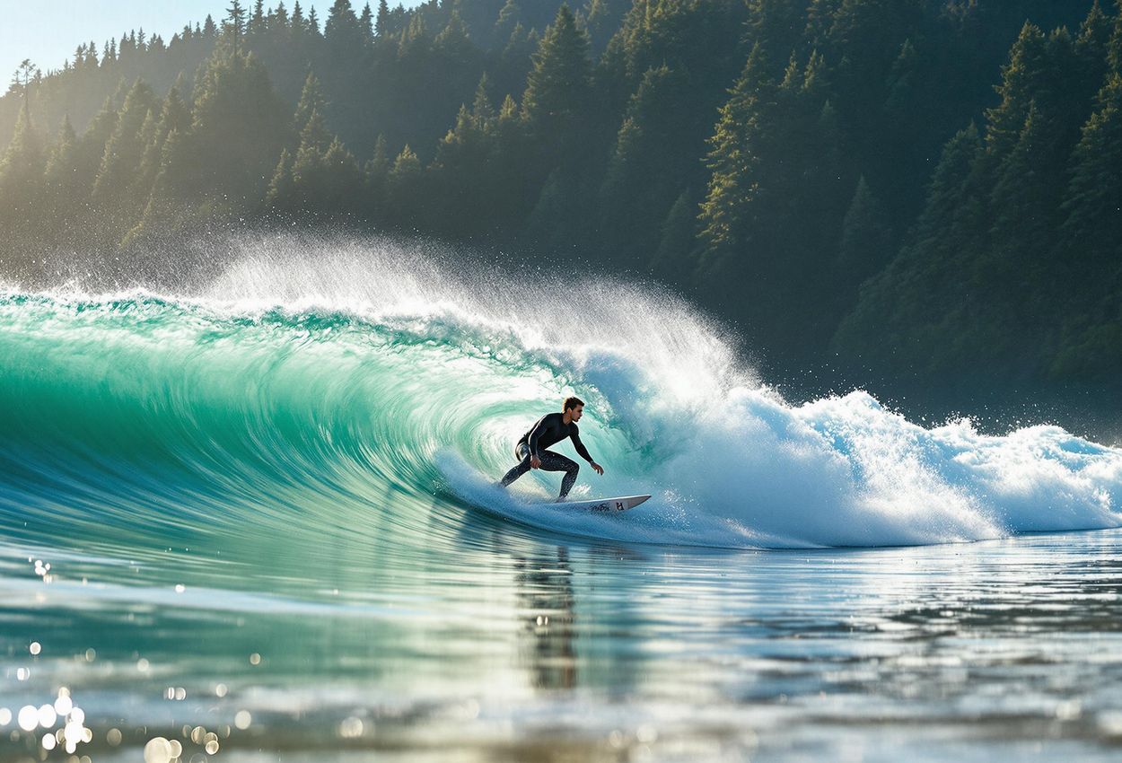 A surfer rides a wave at Cox Bay in Tofino, British Columbia, with a lush rainforest backdrop under a sunny sky, capturing the essence of the Pacific Northwest.