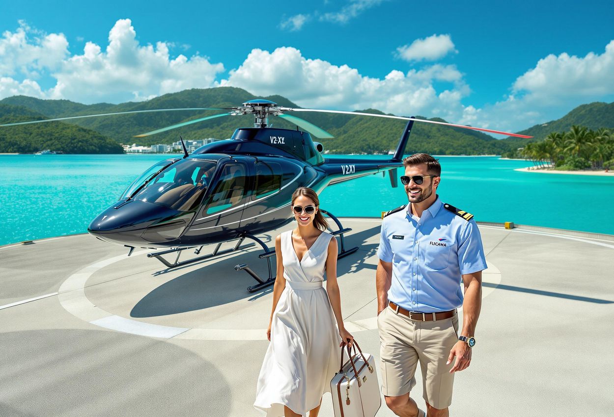 A photograph capturing a private helicopter landing at Seychelles International Airport, with turquoise waters and lush green hills in the background, and an attendant assisting passengers.