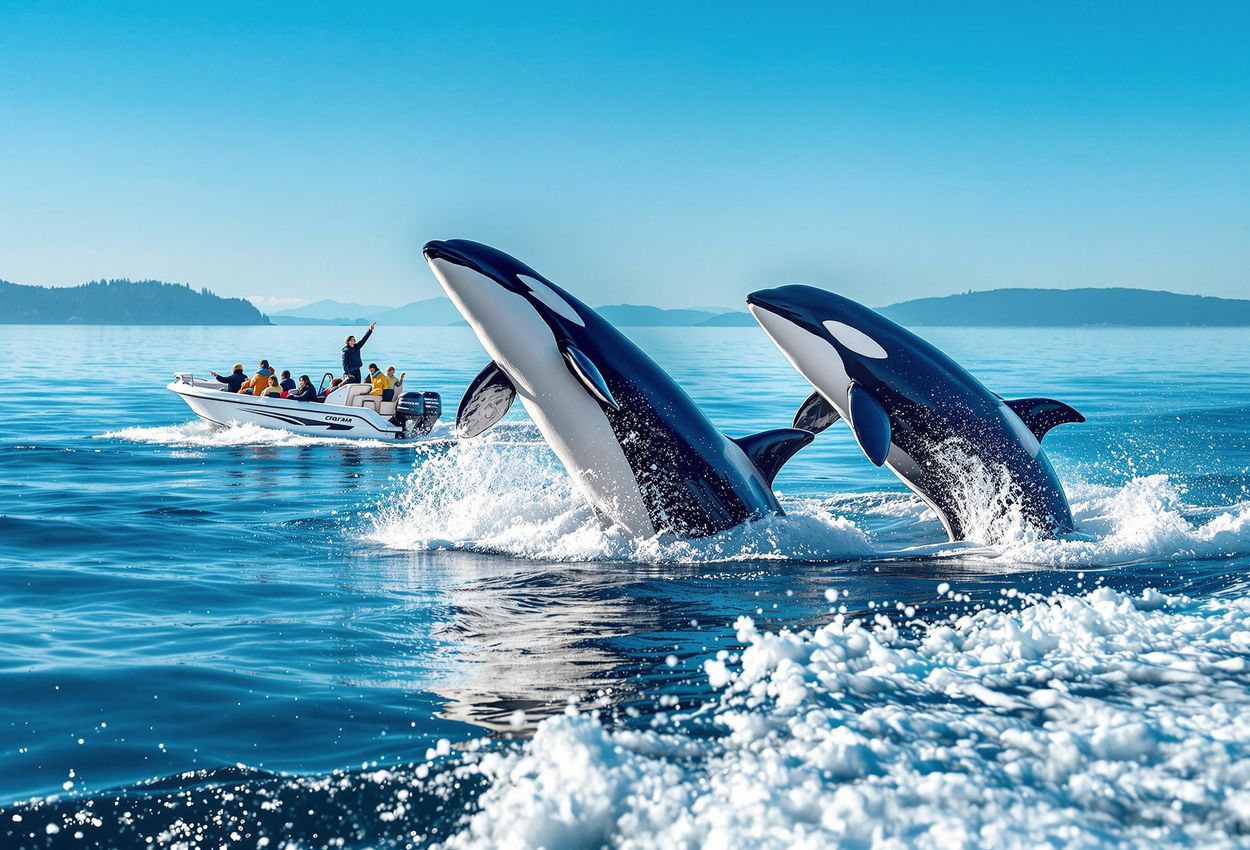 A stunning photograph capturing a pod of Orcas breaching the surface of the Salish Sea during a whale watching tour. Witness the beauty and power of these magnificent creatures in their natural habitat.