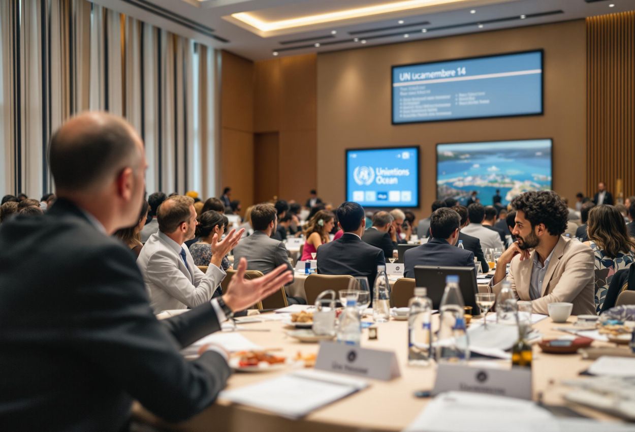 A photograph capturing the collaborative spirit of the United Nations Ocean Conference in Nice, France, where representatives work together on coastal conservation initiatives.
