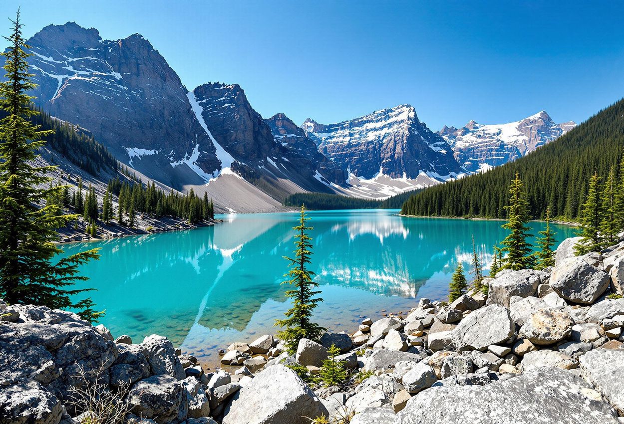 A stunning panoramic photograph of Landslide Lake in Strathcona Provincial Park, showcasing its turquoise waters and surrounding mountain peaks.