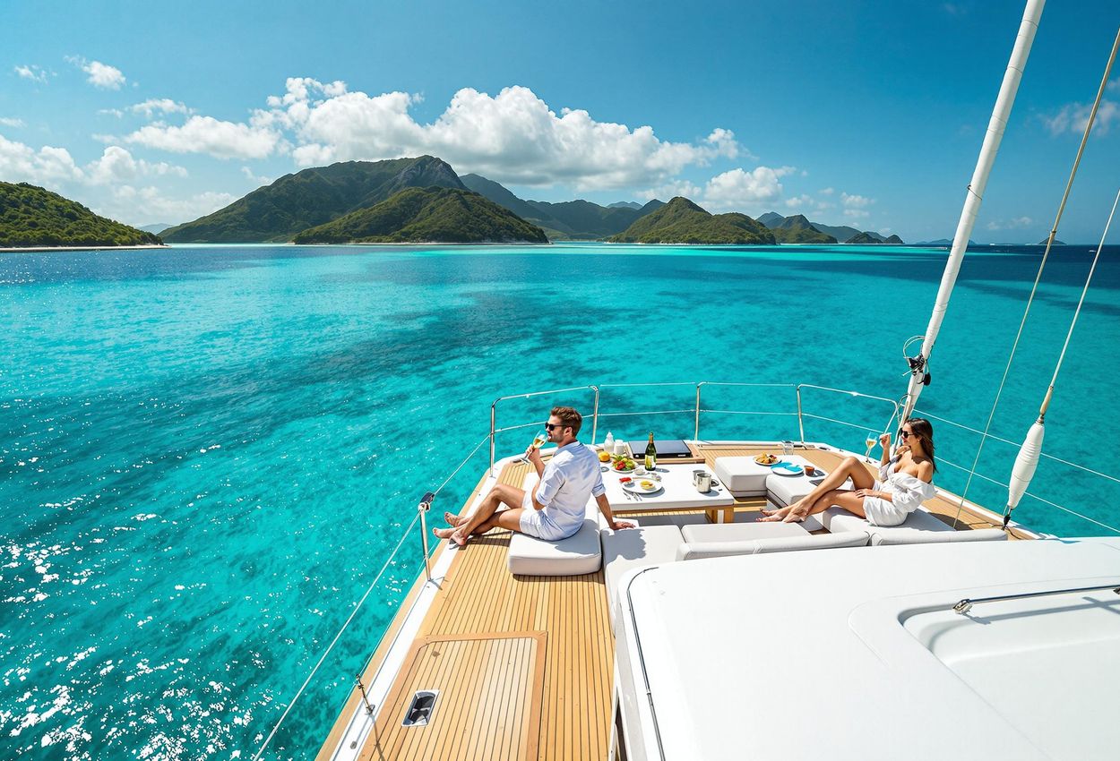 A high-angle photograph of a luxury catamaran sailing through the turquoise waters of the Seychelles, with lush green islands in the background. Guests are relaxing on deck, enjoying the beautiful scenery.