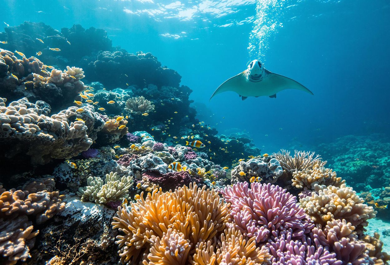 A breathtaking underwater photograph of a diver exploring the vibrant coral reefs and diverse marine life in Sainte Anne Marine National Park, Seychelles.