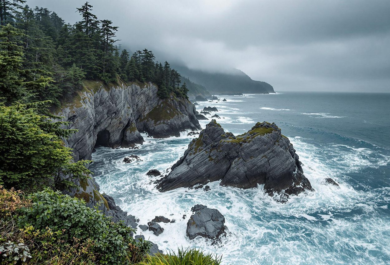 A scenic photograph captures the rugged beauty of the Wild Pacific Trail in Ucluelet, British Columbia, featuring rocky cliffs and crashing waves under a stormy sky.