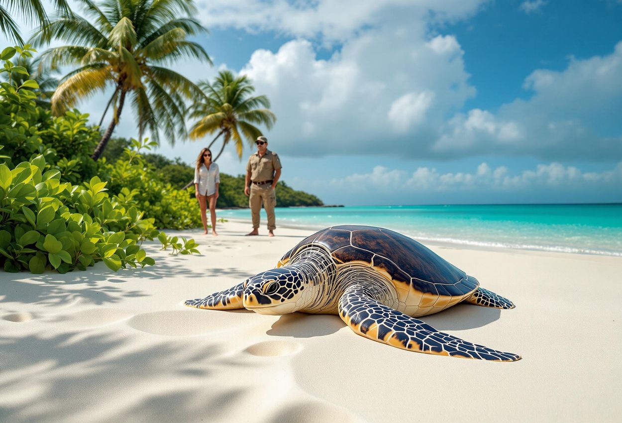 A conservation team monitors a sea turtle laying eggs on a pristine beach on Denis Private Island, Seychelles, showcasing the island