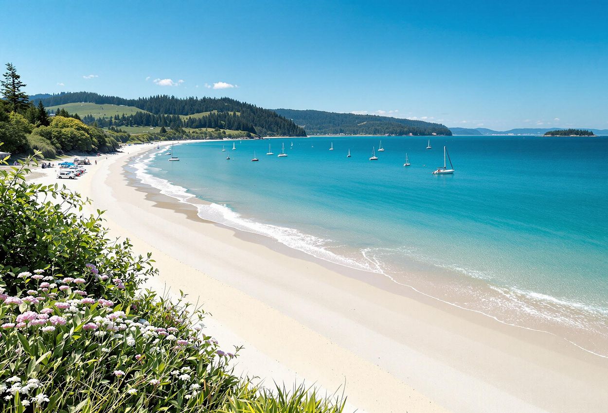 A scenic view of Tribune Bay on Hornby Island, showcasing its white sandy beach and crystal-clear waters under a sunny sky. Sailboats dot the bay, creating a tranquil island escape.