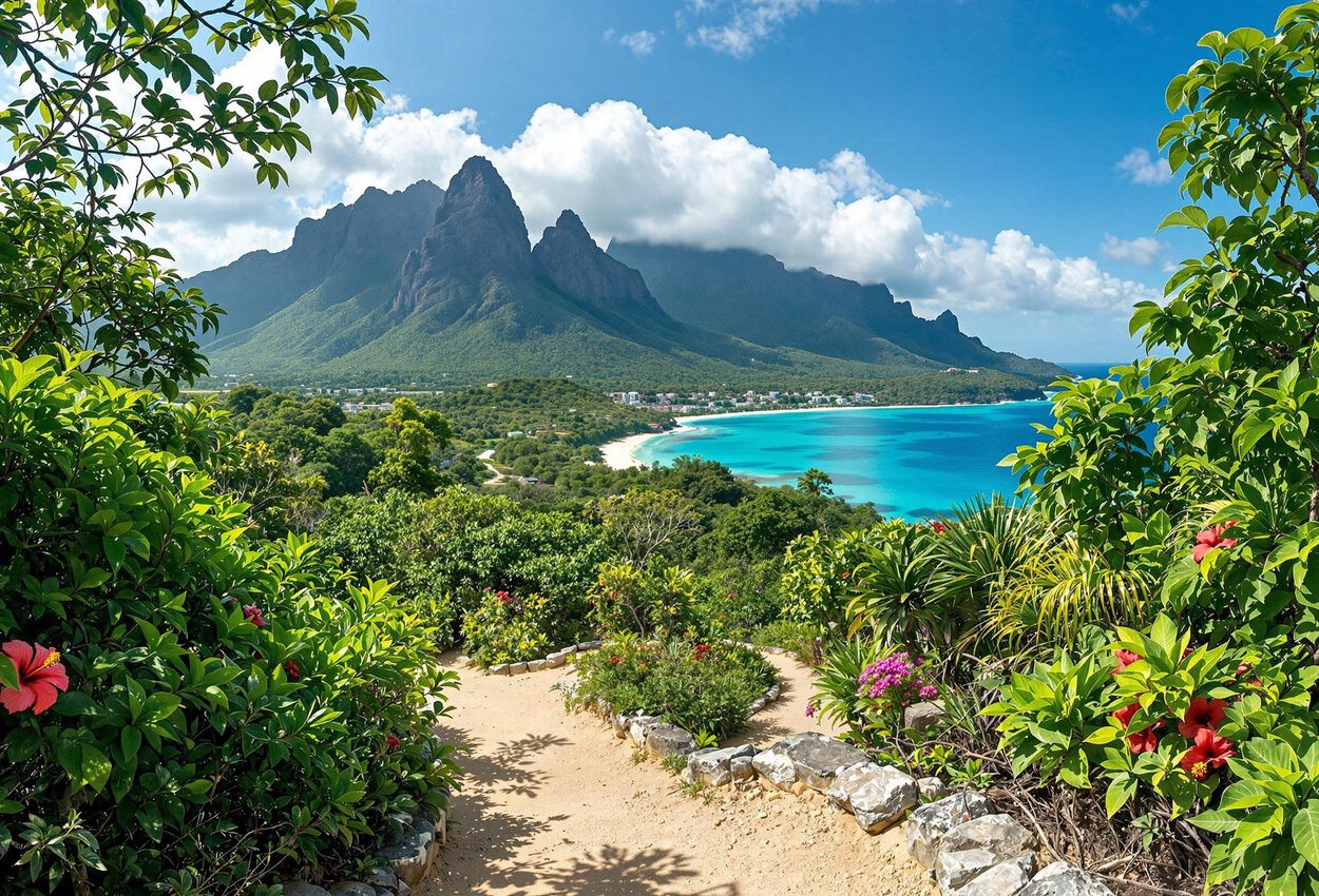 A panoramic photograph of a hiking trail winding through the lush forests of Silhouette Island, Seychelles, with rugged mountains and the Hilton Seychelles Labriz Resort & Spa in the background.