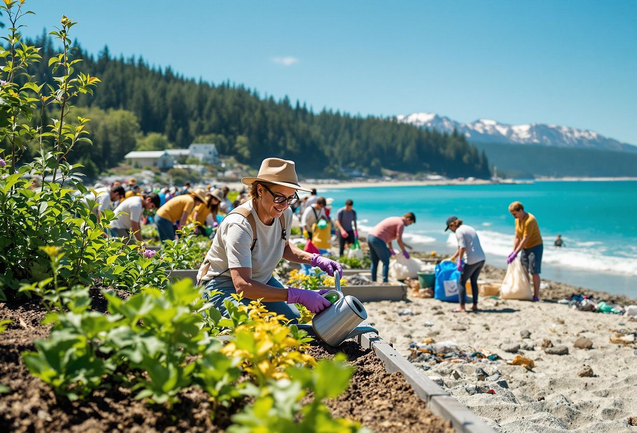 A photograph capturing a community-driven sustainable tourism initiative on Vancouver Island, showcasing local residents and businesses working together to protect the environment through a community garden and beach cleanup.