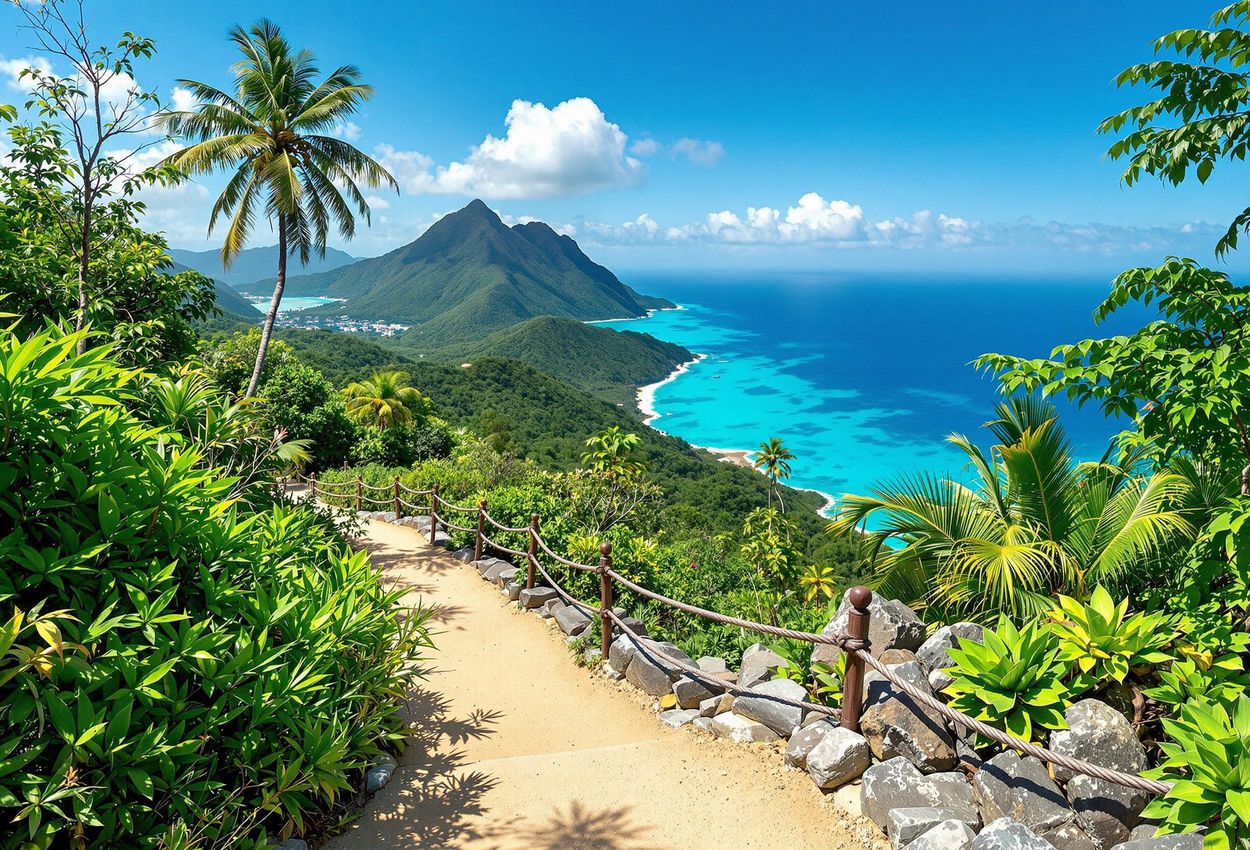 A scenic photograph capturing a hiking trail leading to a viewpoint in Morne Seychellois National Park on Mahé, Seychelles, showcasing the island