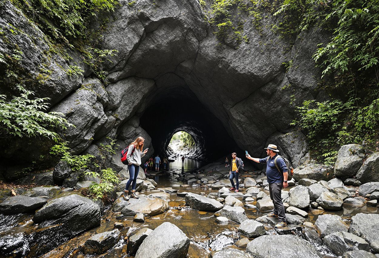 A photograph of the Hole in the Wall, a unique rock formation in Port Alberni, Vancouver Island, with visitors exploring the man-made tunnel.