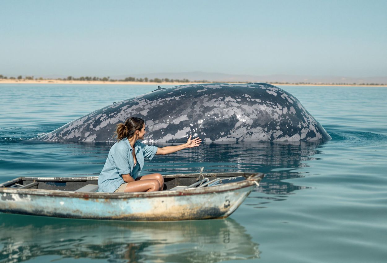 A heartwarming photograph of a gray whale interacting with a woman in a small boat in Laguna San Ignacio, Baja California. The image captures the unique bond between humans and whales in their natural habitat.