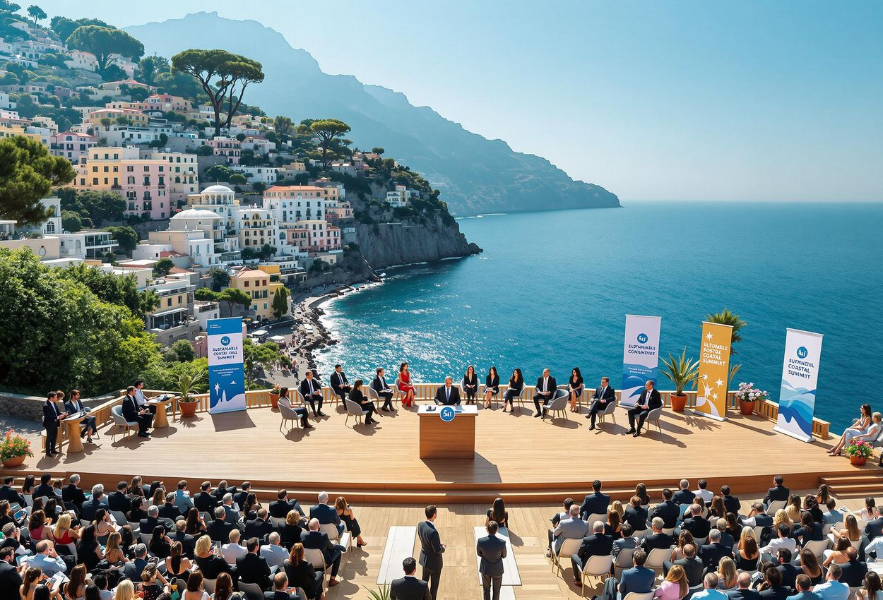 A wide-angle photograph capturing the opening ceremony of the Sustainable Coastal Tourism Summit on the Amalfi Coast. Key speakers address a diverse audience with the Mediterranean Sea as a backdrop.
