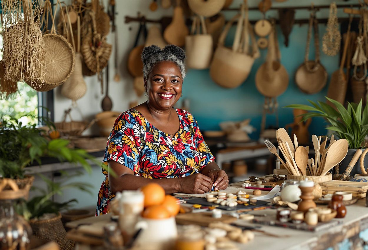 A photograph of a Seychellois artisan creating handcrafted souvenirs at Carana Beach Hotel on Mahé Island, showcasing local culture and sustainable tourism.