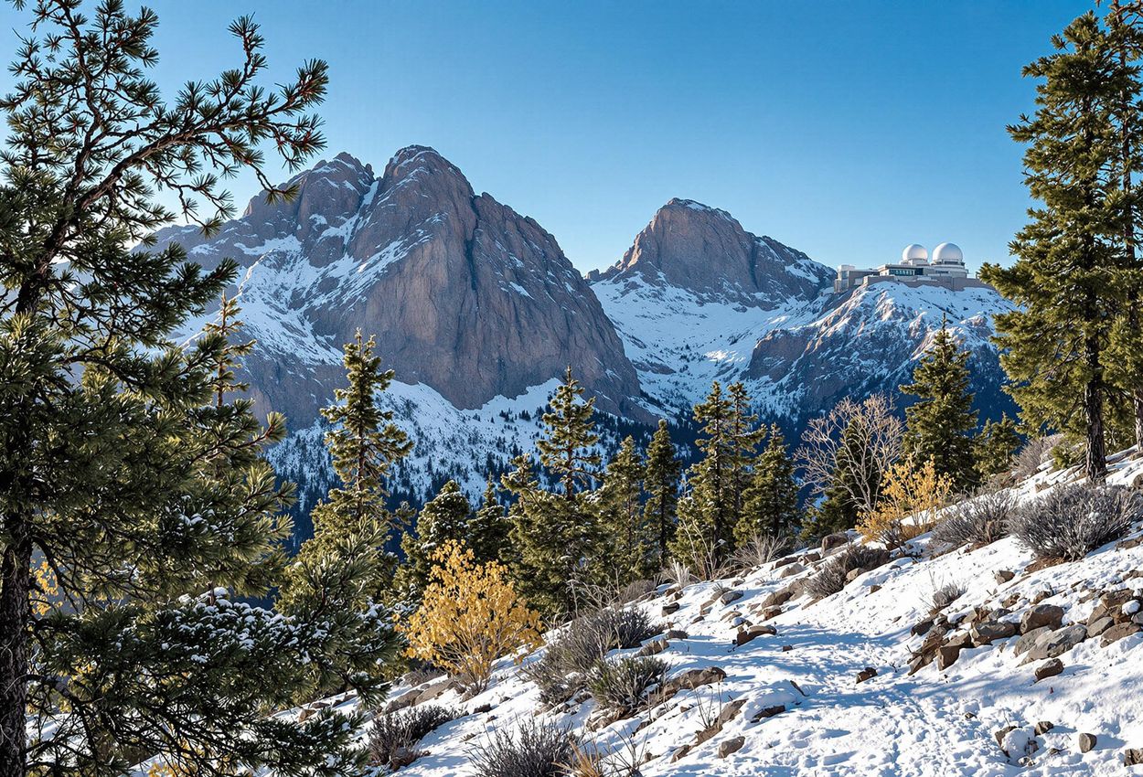 A stunning landscape photograph capturing the grandeur of Sierra de San Pedro Mártir National Park, featuring towering pines, granite peaks, Picacho del Diablo, and the National Astronomical Observatory.