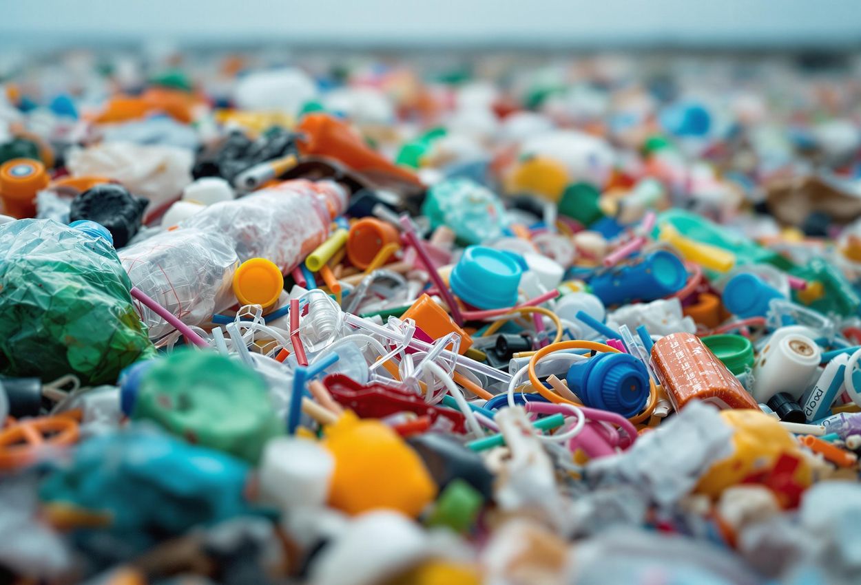 A detailed photograph showcasing various plastic debris items collected during a coastal cleanup, highlighting the severity of plastic pollution.