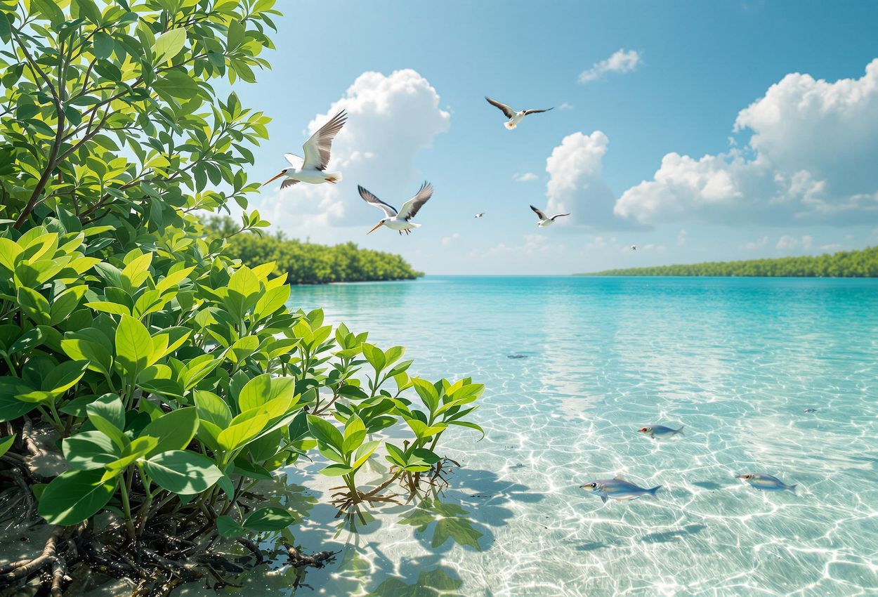 A serene photograph showcasing a mangrove restoration project, highlighting the beauty of newly planted mangrove seedlings in a tranquil coastal environment. The image captures the essence of regenerative tourism and its positive impact on coastal ecosystems.