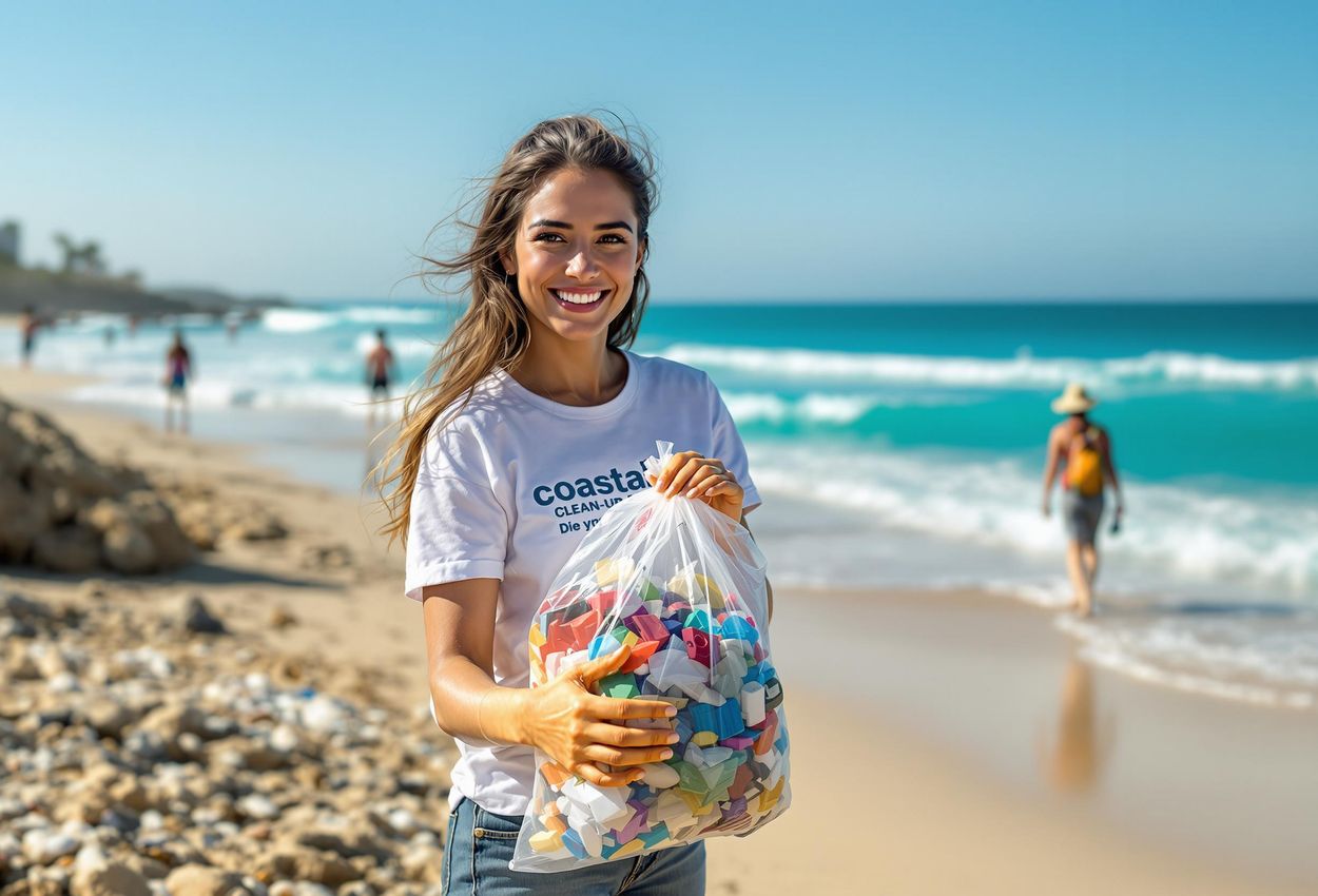 A portrait of Maria Rodriguez, a dedicated volunteer, participating in Coastal Clean-Up Day on a San Diego beach, holding a trash bag filled with plastic debris.