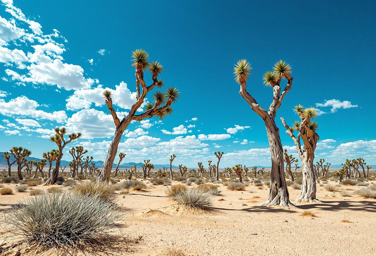 A photograph capturing the unique and remote landscape of Valle de los Cirios in Baja California, featuring iconic cirio trees under the harsh midday sun.