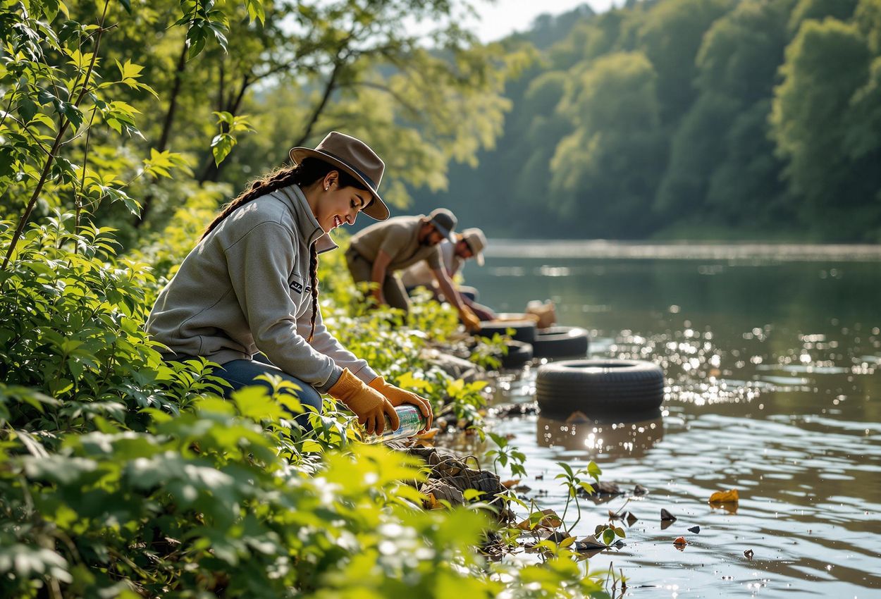 A photograph depicting a group of volunteers diligently cleaning up trash along a riverbank, highlighting the importance of protecting our waterways and natural environments.