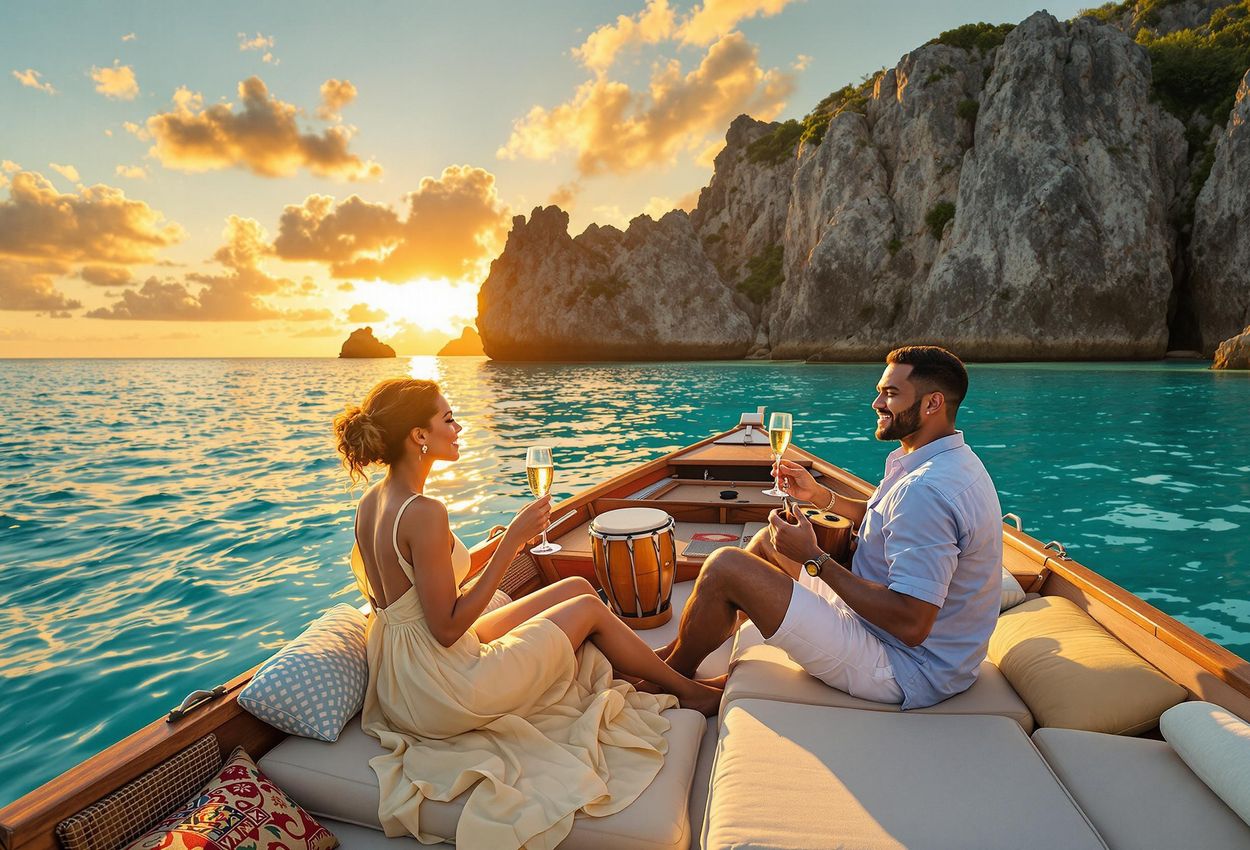 A photograph captures a couple enjoying a romantic sunset cruise on a traditional pirogue off the coast of La Digue, Seychelles. The warm, golden light bathes the scene, illuminating the iconic granite boulders of Anse Source d