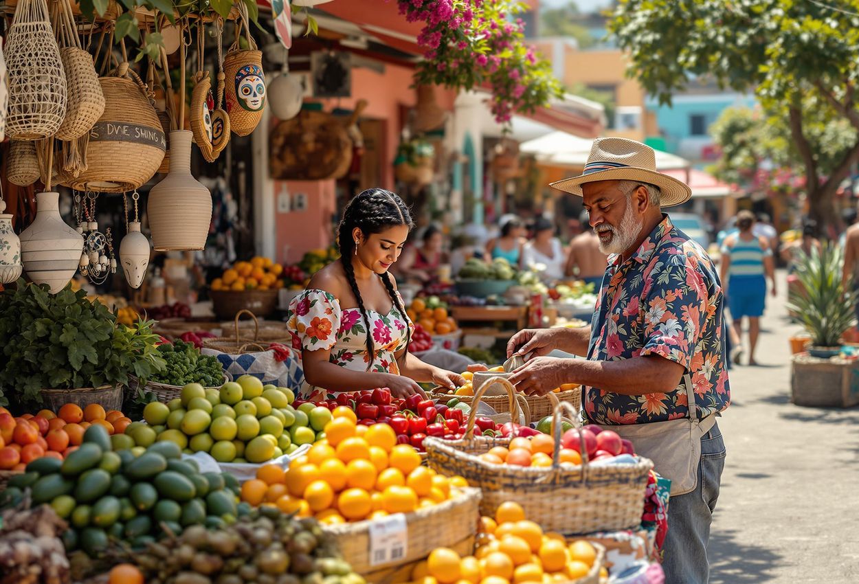 A captivating photograph capturing the energy and color of a local market in Baja California, showcasing fresh produce, handmade crafts, and the warmth of the community.