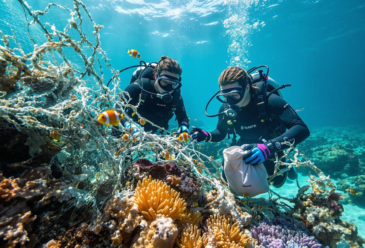 An underwater photograph captures divers removing discarded fishing nets from a thriving coral reef, highlighting ocean conservation efforts in the Maldives.