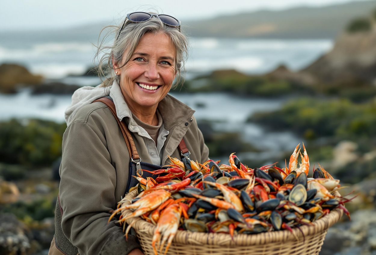 A portrait of a forager holding a basket filled with mussels, clams, and crabs, with a blurred coastline in the background.