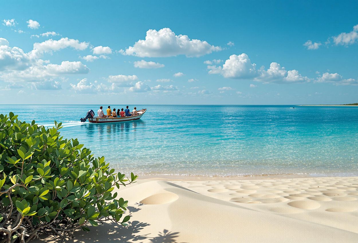 A serene photograph capturing the beauty of Magdalena Bay, Mexico, featuring mangrove forests, sand dunes, and gray whales observed by tourists in a small boat.
