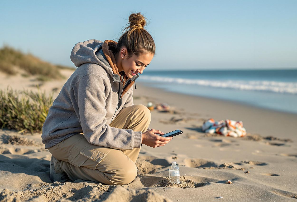 Image of a volunteer using a smartphone app to record collected plastic debris during a beach clean-up, highlighting the role of technology in environmental conservation.