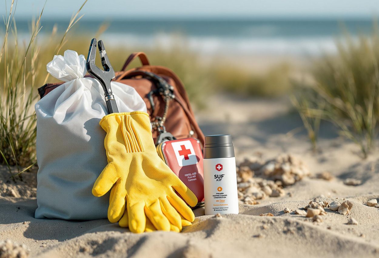 A detailed close-up photograph of a coastal clean-up toolkit, featuring trash bags, gloves, litter pickers, a first-aid kit, and sunscreen, showcasing the essential equipment for volunteers.