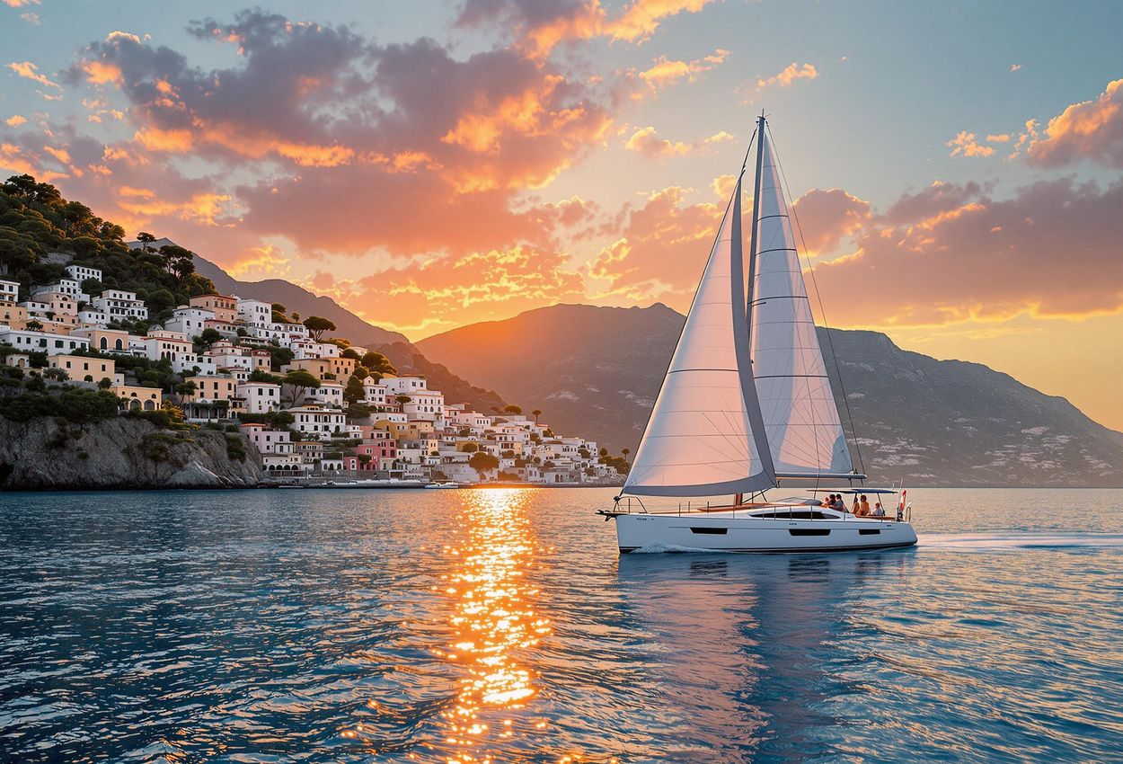 A stunning photograph capturing a sailboat gliding along the Amalfi Coast during a vibrant sunset, showcasing the beauty of the Italian coastline.