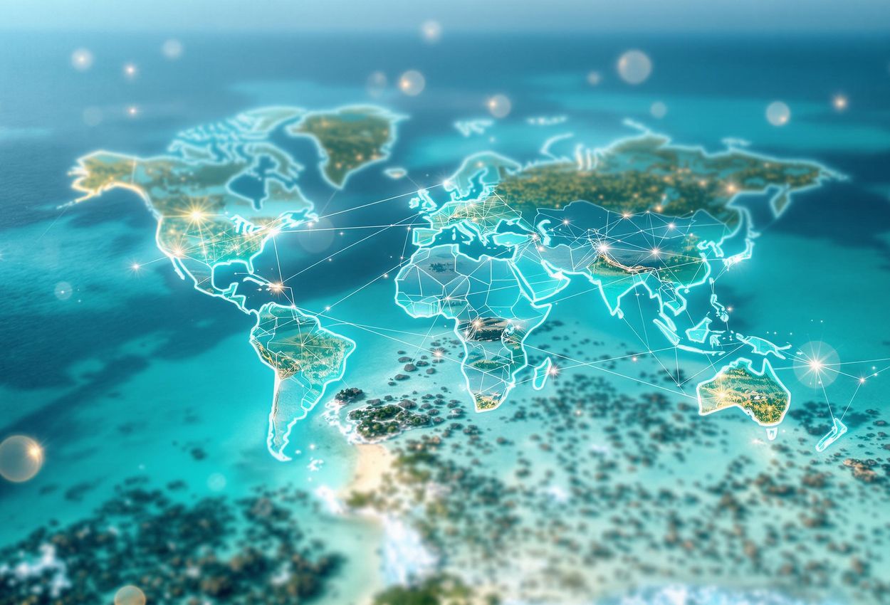 A conceptual image visualizing the Global Plastics Treaty, showcasing clean oceans and international cooperation for a sustainable, pollution-free world.