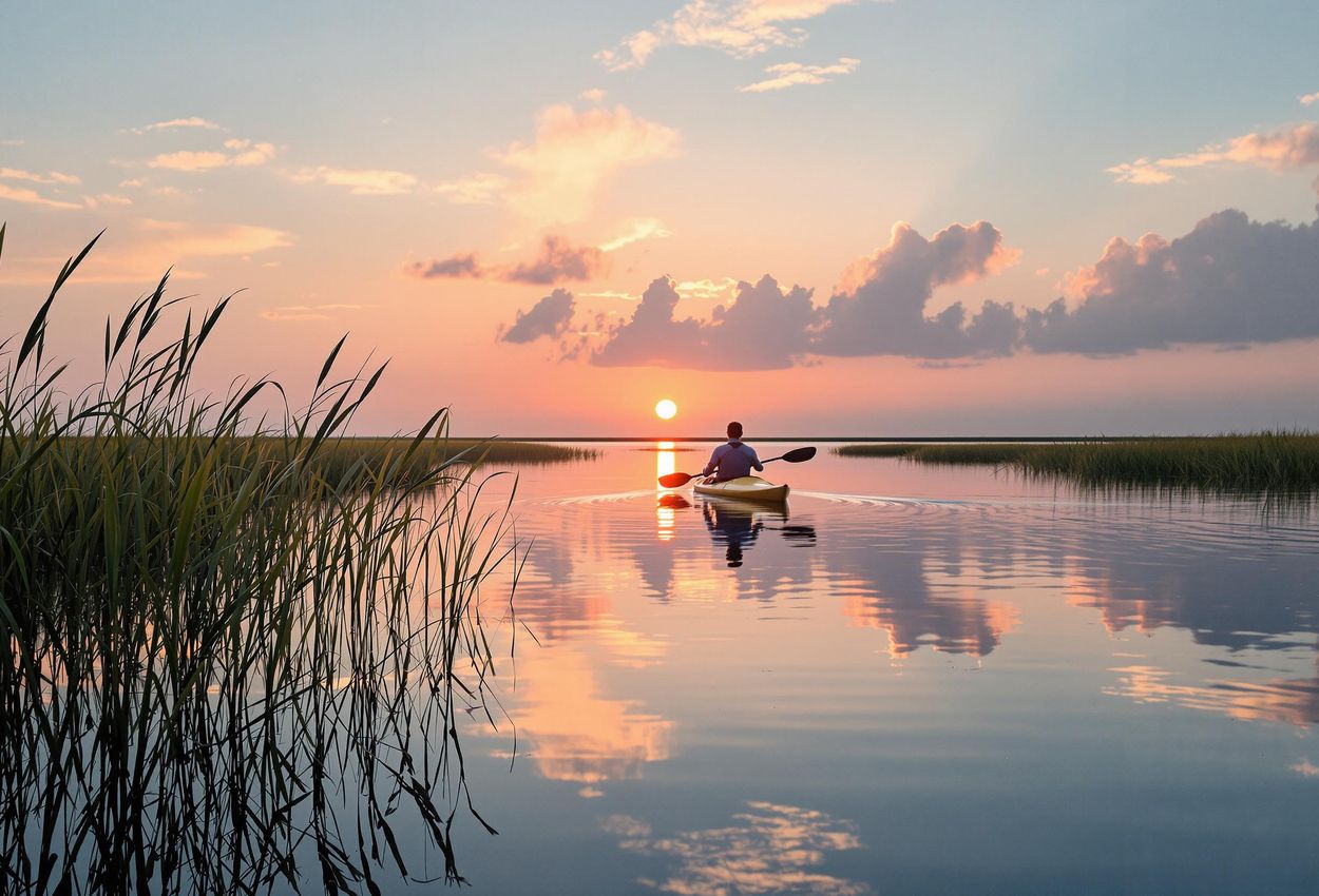A tranquil image of a lone kayaker silhouetted against a vibrant sunrise in the Outer Banks, North Carolina, showcasing the serene beauty of the coastal landscape.