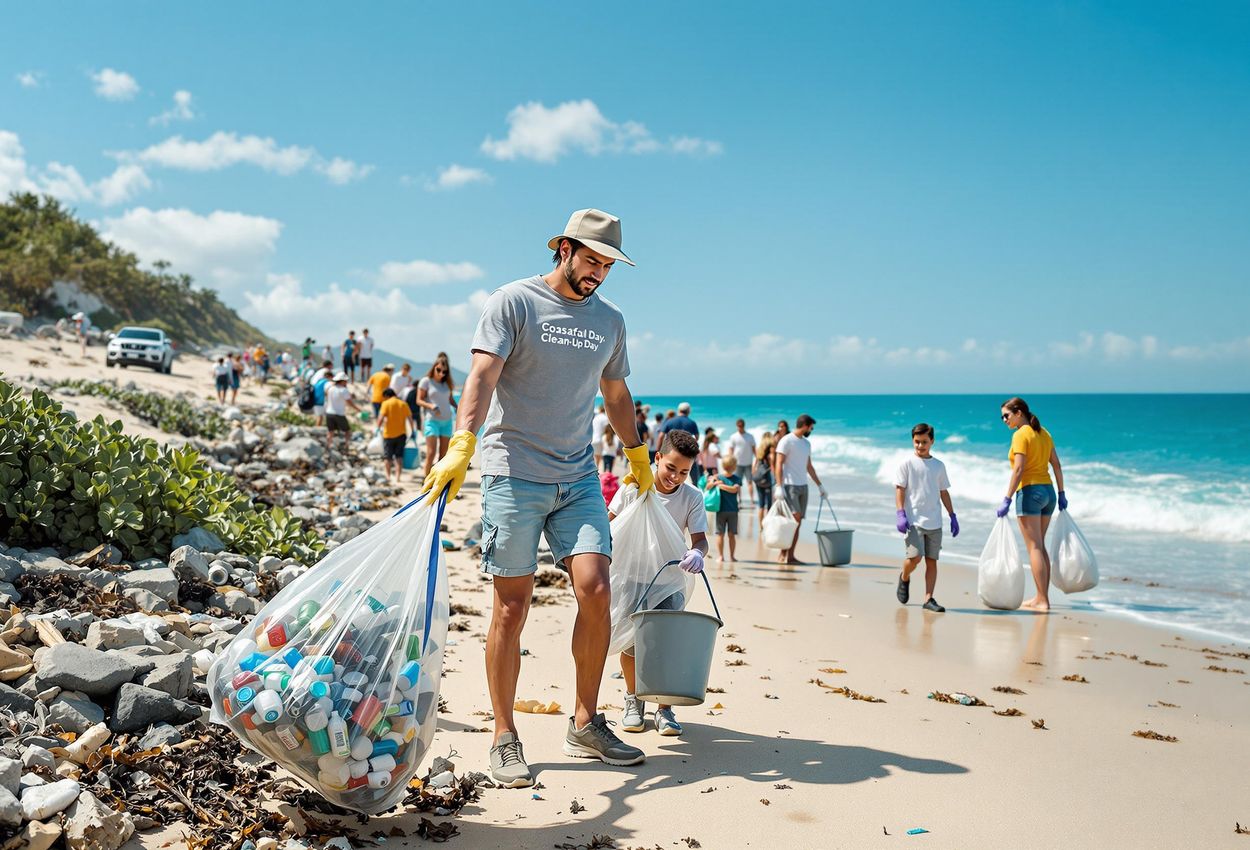 A photograph of diverse volunteers participating in Coastal Clean-Up Day 2025, collecting trash on a sunny beach to promote environmental awareness and community action.
