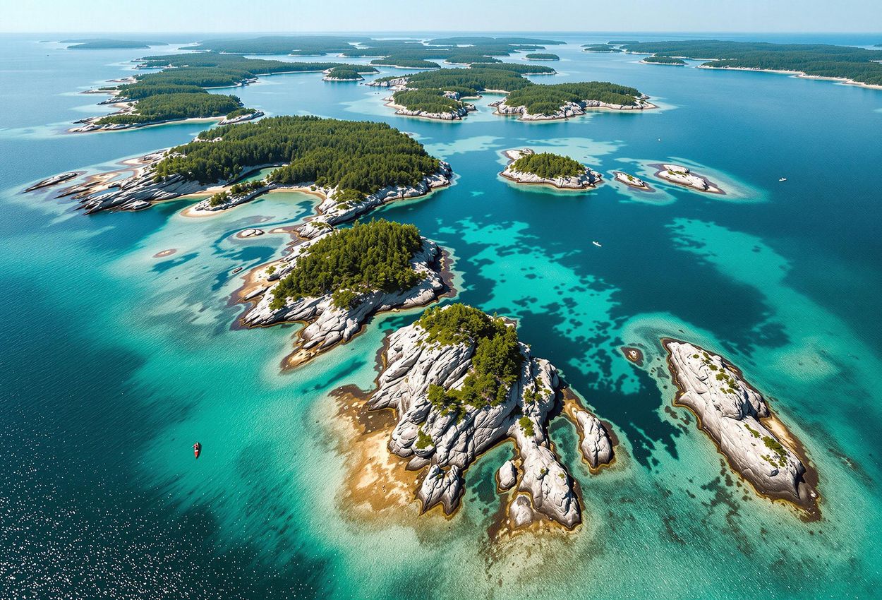 An aerial photograph capturing the stunning beauty of the 100 Wild Islands in Nova Scotia, showcasing its unique landscape of granite bedrock, boreal forest, and turquoise lagoons.