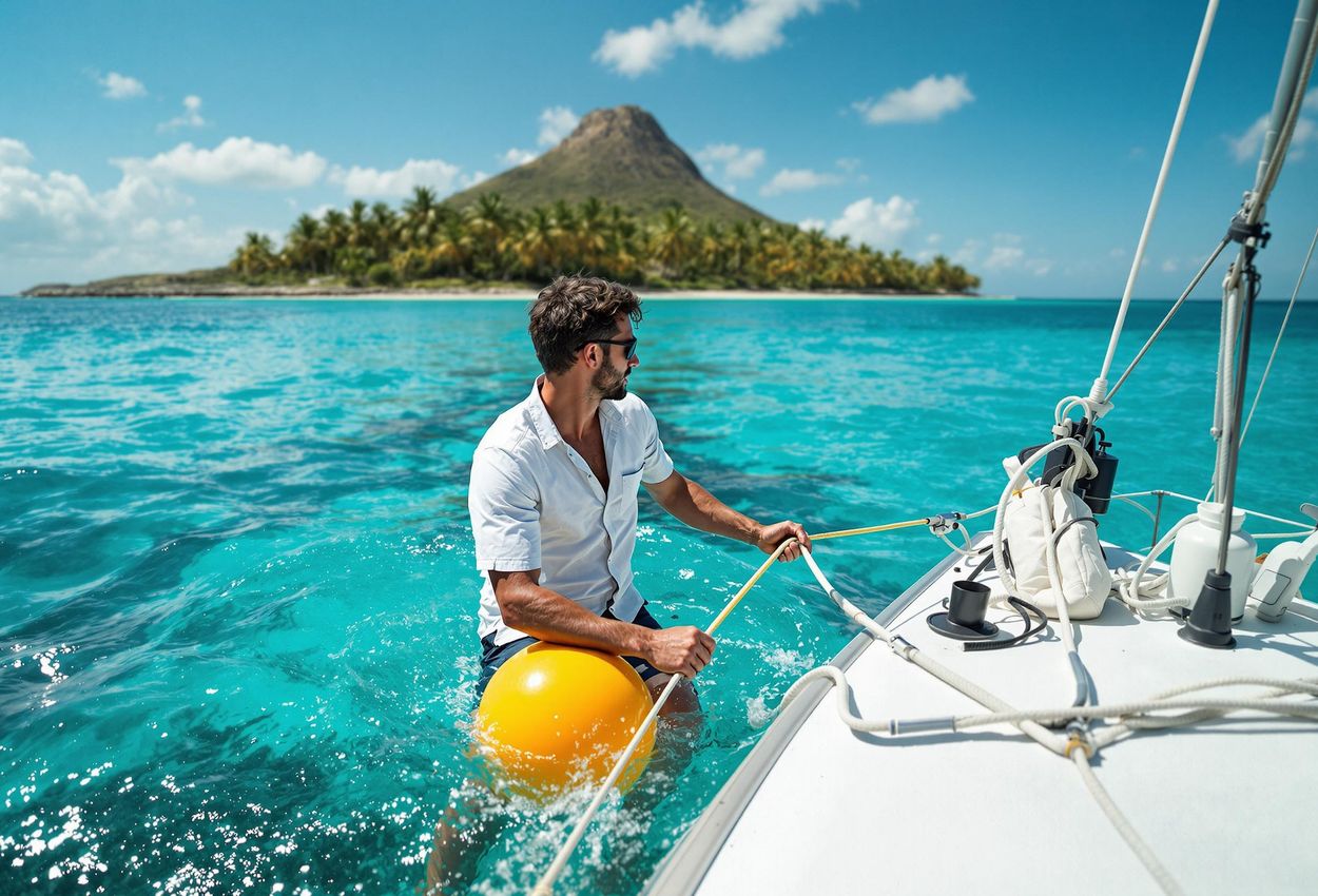 A photograph of a sailor carefully deploying a mooring ball in a crystal-clear tropical bay, showcasing sustainable sailing practices and vibrant coral reefs.