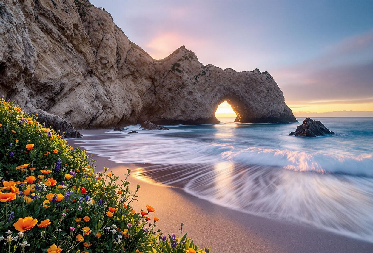 A serene photograph capturing the sunset at Pfeiffer Beach in Big Sur, California, featuring the iconic Keyhole Arch with waves gently passing through. The image highlights the beach