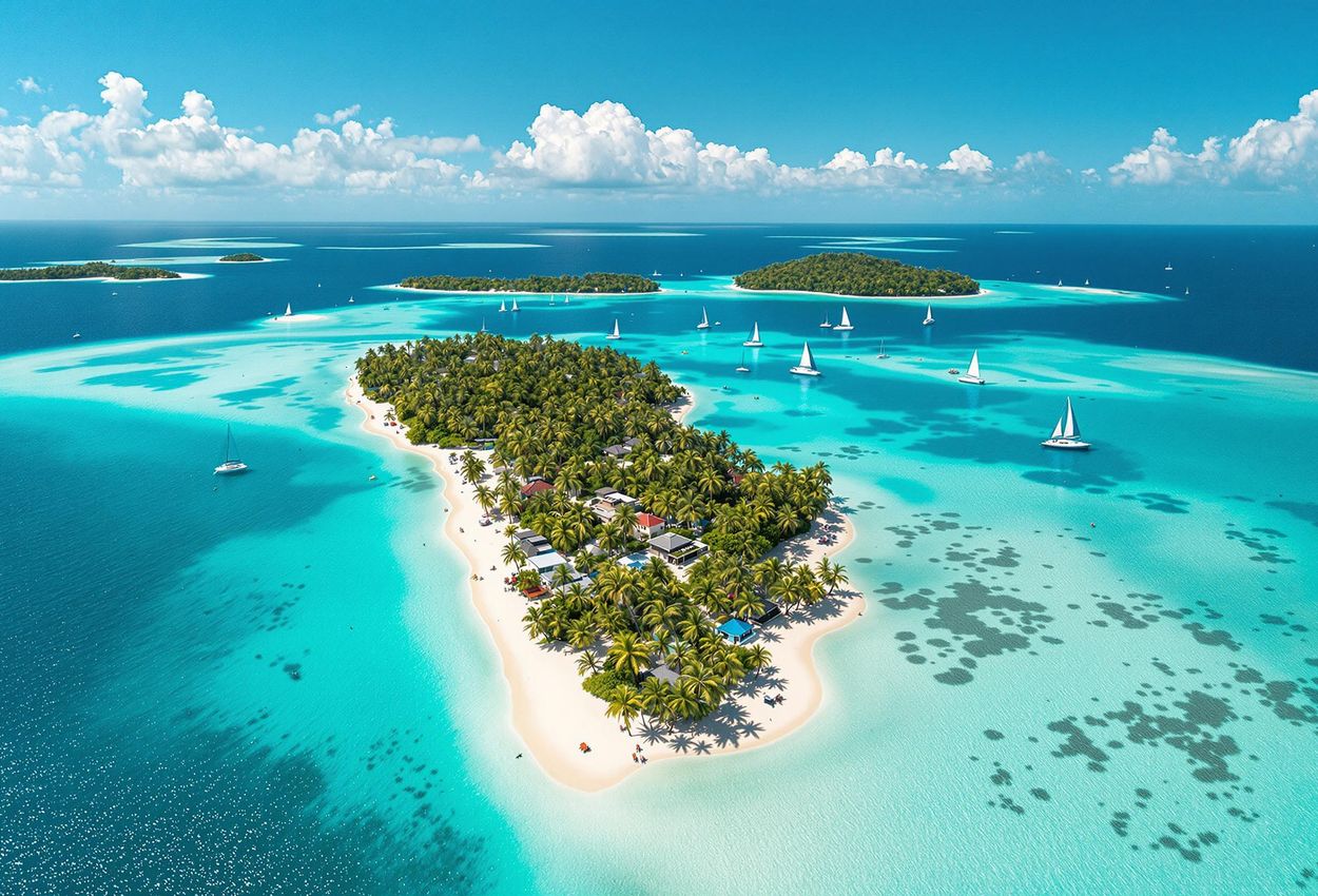 An aerial photograph captures the stunning beauty of the San Blas Islands in Panama, showcasing pristine beaches, vibrant coral reefs, and tranquil turquoise waters.