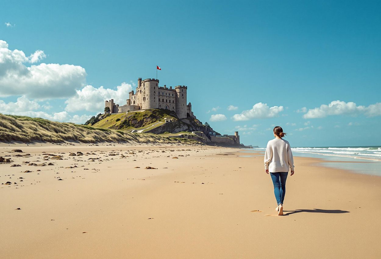 A serene photograph of Bamburgh Beach in Northumberland, UK, featuring a lone woman searching for sea glass with the majestic Bamburgh Castle in the background.