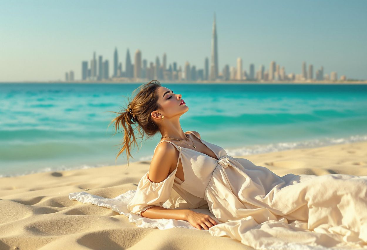 A woman meditates on the golden sands of West Beach, Dubai, with the Arabian Gulf and Dubai skyline providing a stunning backdrop. This image captures a moment of peace and mindfulness in a luxurious setting.
