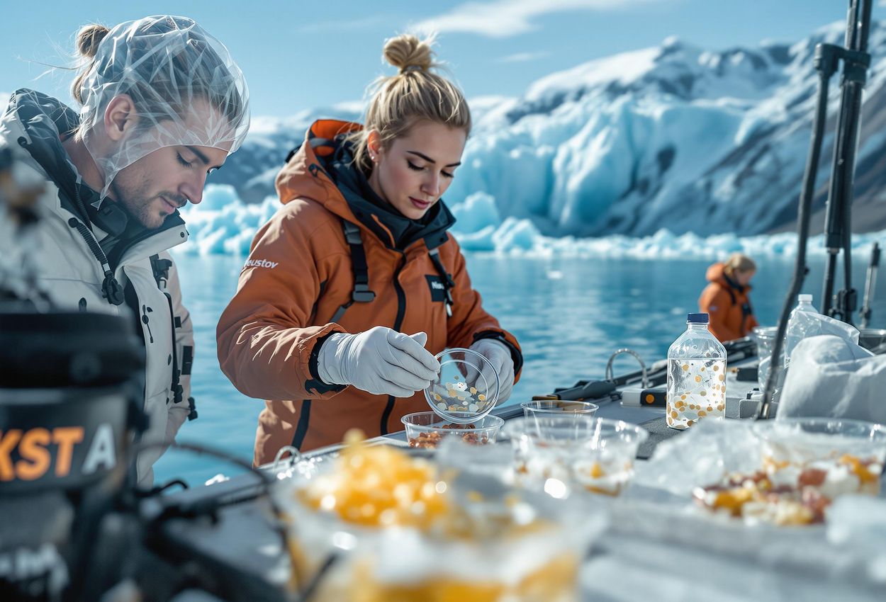 Image of sailors collecting microplastic samples in Iceland, showcasing a citizen science program against a stunning glacial backdrop. The photograph captures the dedication to marine research and environmental conservation.